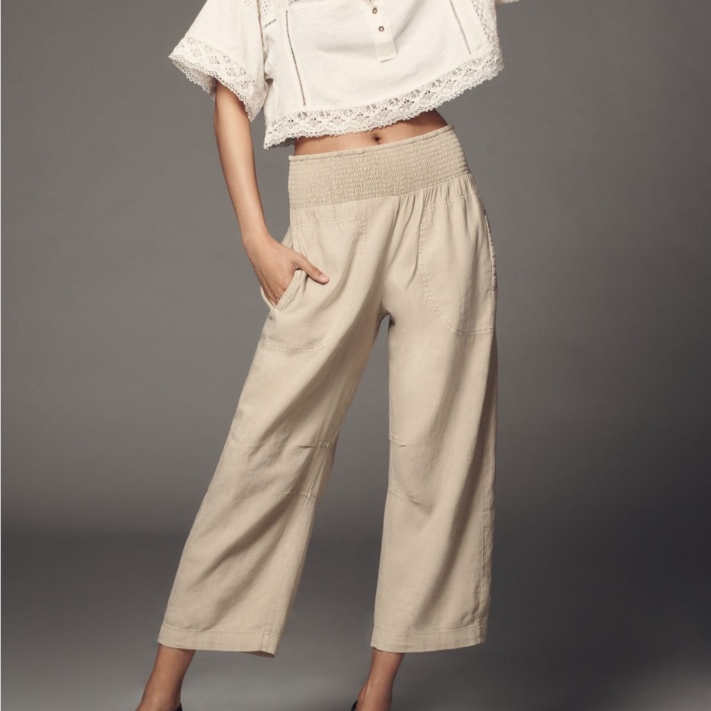 Anthropologie Cream Wide-Leg Smocked Waist Pants